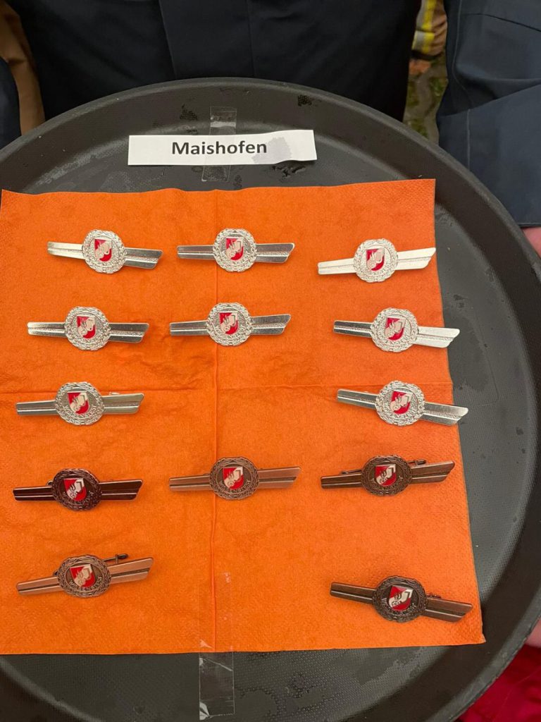 Elf silberne und fünf bronzene Feuerwehrjugend-Abzeichen auf Tablett, Schild Maishofen